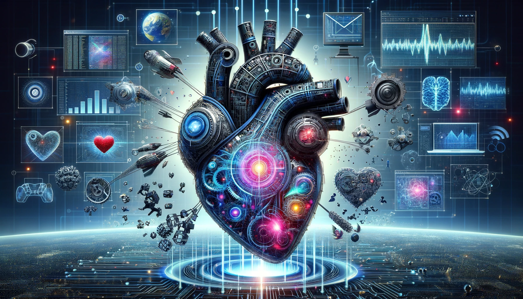 Digital heart symbolizing Machine Learning as AI's core, showcasing algorithms and learning applications